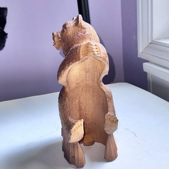 Vintage Wooden Bear Statue Hand Carved Standing Sculpture 11" tall Bottle Holder - Picture 4 of 7